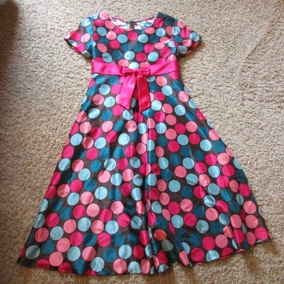 NWOT Bonnie Jean 18 1/2 Brown Pink Blue Circles Longer Formal Silky Dress Tie - Picture 1 of 2